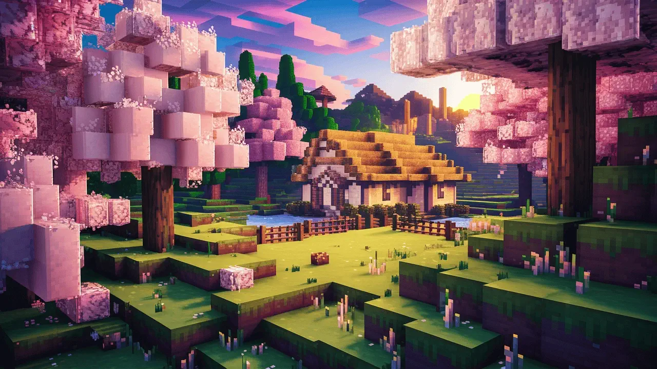 Una casa de Minecraft en una arboleda de cerezos